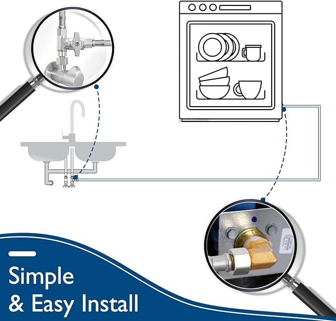Dishwasher Installation Kit - 10 FT Stainless Steel Braided Dishwasher Hose kit,Food Grade PEX Inner Tube Water Line with 3/8"x 3/8"x 3/8" Tee Stop Valve,3/8"x 3/8"MIP Elbow,3/8"x 3/4"FHT Elbow