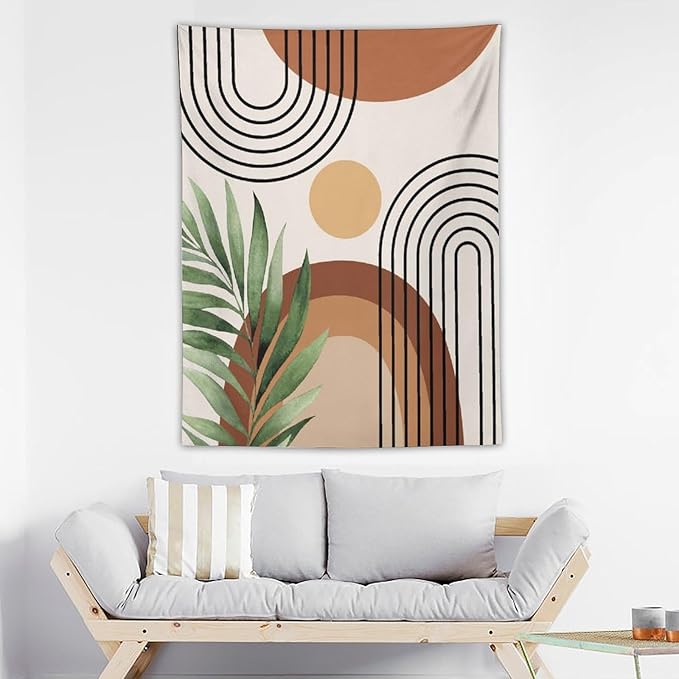 Abstract Bohemian Mid Century Tapestry, Tropical Leaves Modern Geometric Archway Minimalist Bohemian Botanical Aesthetic Wall Hanging, Sage Green Gold Home Decor Art for Bedroom 60x60 Inch
