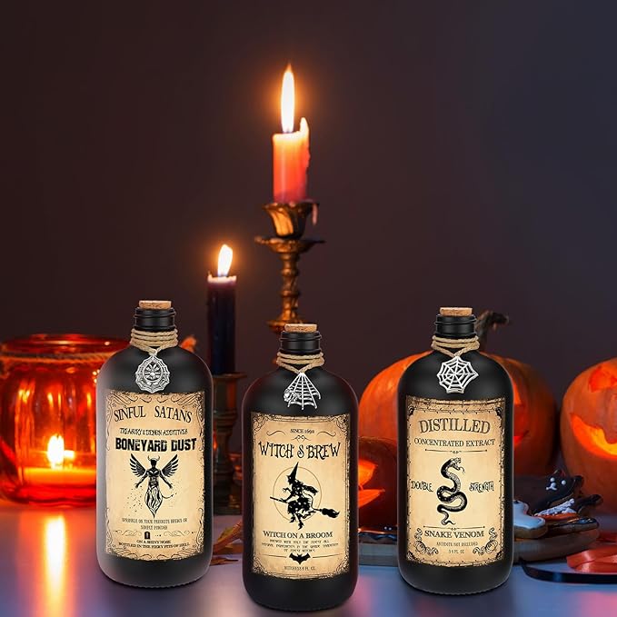 Uiifan 31 Pcs Halloween Potion Bottles Set Including Glass Apothecary Bottles with Cork Stickers and Pendants Halloween Decorations Indoor Party Supplies(Black,16 oz)