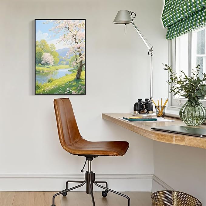 The scenery of a stream between trees and cherry blossoms under the blue sky is suitable for posting in the living room bedroom office landscape posters