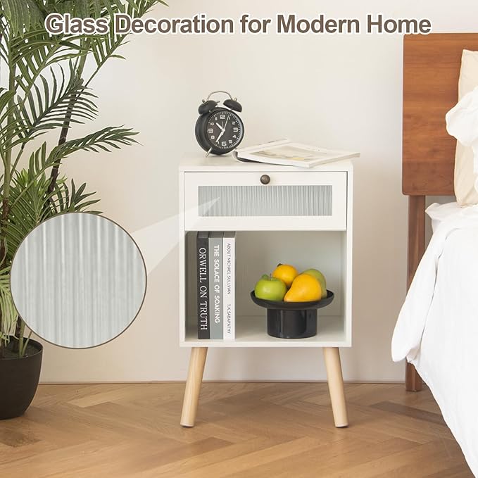AWASEN White Night Stand, Modern Bedside Table with Glass Storage Drawer and Large Open Shelf, Wood Nightstand Side End Table with Solid Wood Legs for Bedroom, and Small Space, White
