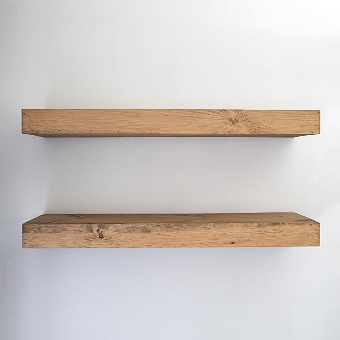 Modern Floating Shelves 3 Inches Thick for Wall, Wide Shelves for Kitchen, Living Room, Bedroom, and Bathroom, Natural Pine Wood, Rustic Wooden Shelf, (Set of 2) (Aged Oak, 60Lx3Hx6D)