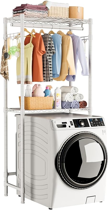 Over Washer and Dryer Shelves,2 Tier Adjustable Height Wire Shelving Laundry Room Storage Organization Clothes Drying Rack with Hanger Rod&Hooks,Space Saving Organizers Shelf,White