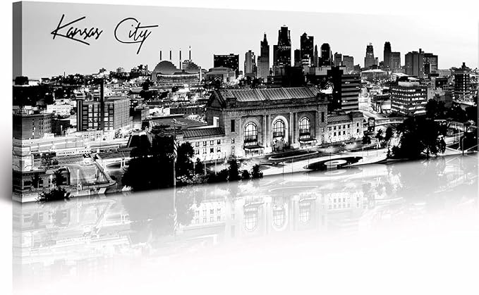 Pictures for Bedroom Black and White Wall Art Kansas City Panoramic Cityscape Skyline Canvas Art Prints for Living Room Office Home Decor Framed and Ready to Hang 13.8"x47.3"