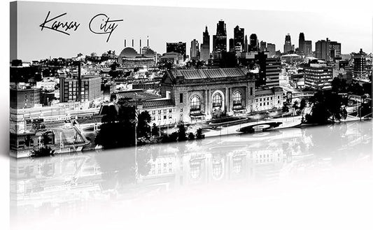 Pictures for Bedroom Black and White Wall Art Kansas City Panoramic Cityscape Skyline Canvas Art Prints for Living Room Office Home Decor Framed and Ready to Hang 13.8"x47.3"