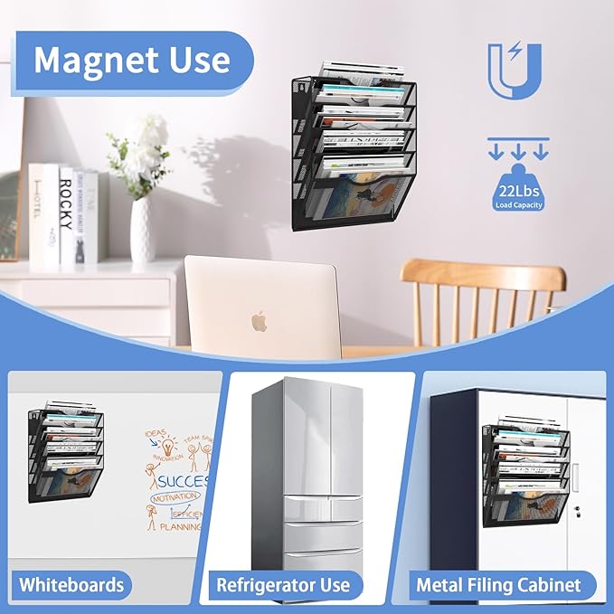 5-Tier Magnetic File Holder, No Drilling Installation File Cabinet Organizer, Black Magnetic File Organizer, Magazine Rack, Magnetic Paper Holder for Refrigerator, File Cabinets, Whiteboard