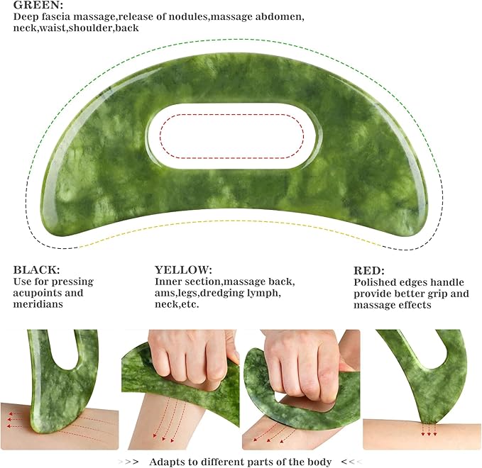 2 PCS Jade Stone Gua Sha Massage Tool, Large Guasha Muscle Scraper Tools Set with Handle Muscle Scraping Massage Tools S Shaped Anti Cellulite Spa Acupuncture Tools for Lymphatic Drainage