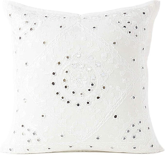 Eyes of India Embroidered Decorative Boho Throw Pillow Cover with Mirrors, Handmade Bohemian Accent Cushion Case for Sofa Couch Bedroom Living Room (White, 16" x 16")