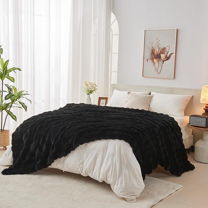 Lotus Karen Faux Fur Blanket Black - Big Bubble Rabbit Fluff King Throw for The Bed Large Fluffy Fuzzy Cozy Thick Furry Plush Shaggy Blankets 108x90 Inches