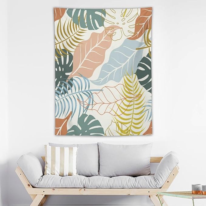 ICMOLYYENLO Boho Green Leaves Tapestry, Mid Century Abstract Tropical Palm Leaves Modern Minimalist Geometric Wall Hanging, Neutral Home Decor Art for Living Room Bedroom Dorm 30x40 Inch