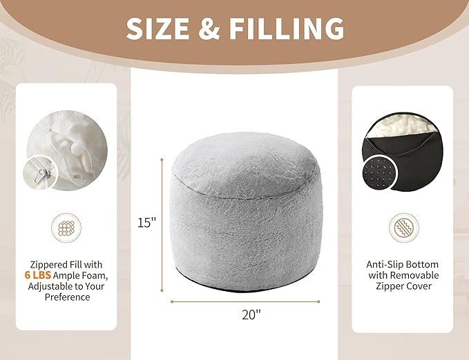 Boho Ottoman Living Room Furniture 20"x15" Large Round Ottomans Pouf Couch Foot Rest Grey Pouf Ottoman Foot Rest with Foam Chunk Filling Pouffe Ottomans Stuffed Foot Rest Poufs for Couch