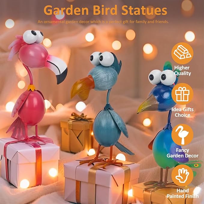 Kircust Outdoor Metal Bird Yard, Garden Decor for Outside Flamingo/Peacock/Pelican Decorations Art Statues, Lawn Ornaments for Courtyard, Patio, Backyard, Porch, Set of 3