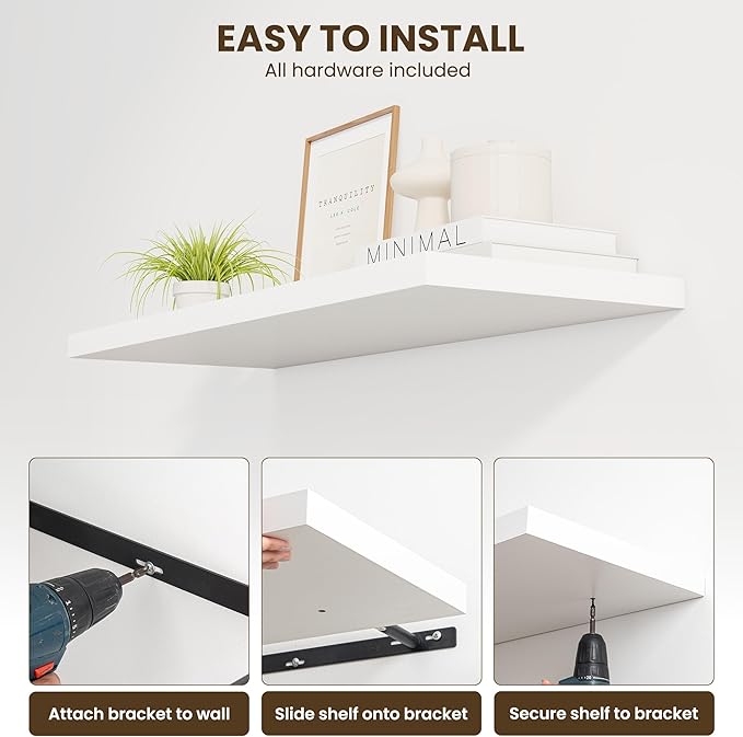 55" Floating Shelves for Wall, 12" Deep Slim White Floating Shelves, Wall-Mounted Shelves for Bedroom, Living Room, Kitchen, Bathroom - Set of 2