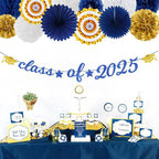 Navy-Blue Gold-White Party-Decoration Graduation Banner - 14pcs Kits Cap Garland Streamers, Royal Paper Tissue Pom Poms Flowers Fans Honeycomb,Class Of 2025 College High School Grad Decor Hugfond