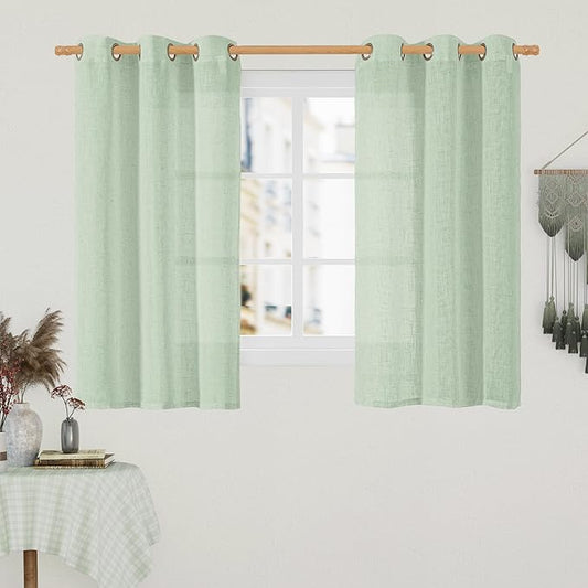 LAMIT Linen Curtains 48 Inch Length 2 Panels, Light Filtering Panels Bronze Grommet Neutral Drapes for Kitchen/Window/Loft Room/Bedroom, 34 x 48 Inch, Fresh Green