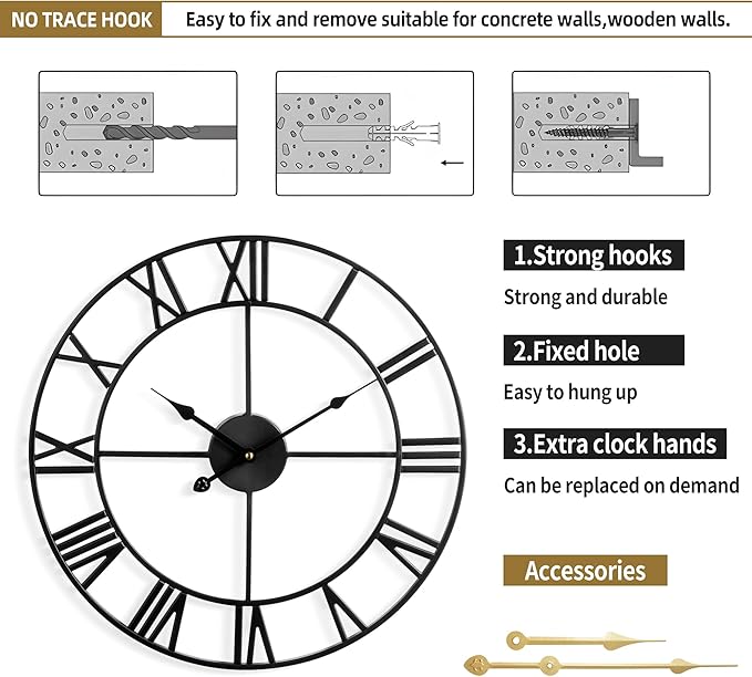 Large Wall Clock for Living Room Decor - 100cm/ 40 Inch Nearly Silent Non-Ticking Metal Wall Clocks Battery Operated, Vintage Decorative Modern Wall Clock for Bedroom, Office, Farmhouse Decor