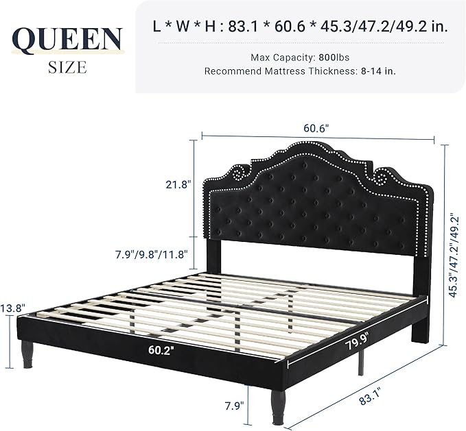 Allewie Queen Velvet Bed Frame with Adjustable Headboard, Wooden Slats, No Box Spring Needed, Easy Assembly, Black