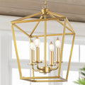 Farmhouse Chandelier 4-Light, Gold Pendant Light Fixture for Kitchen Island Dining Room, Lantern Industrial Lighting Ceiling Hanging with Metal Cage Adjustable Height for Entryway Foyer