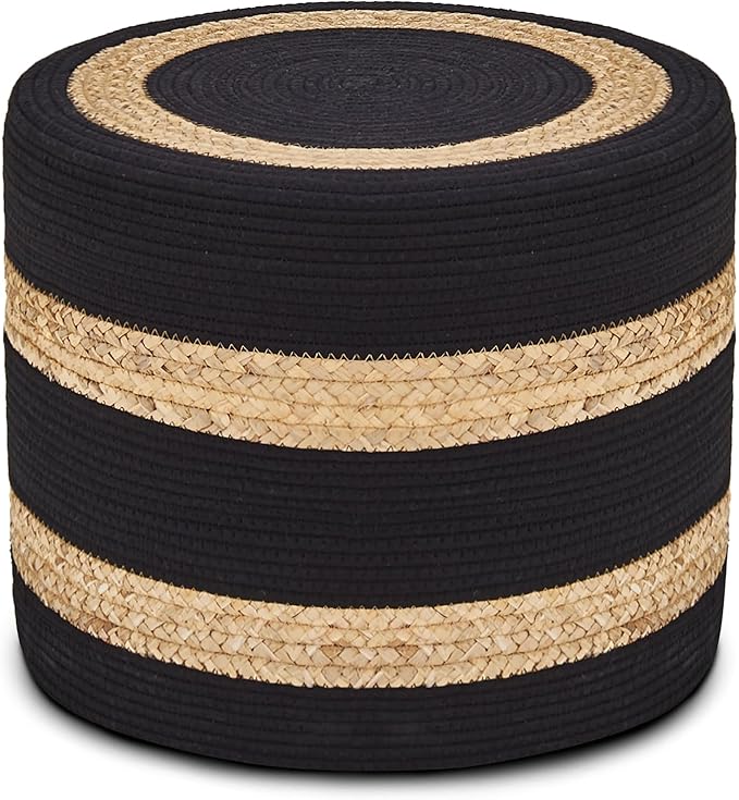 Wimarsbon 18'' Ottoman Pouf, Natural Braided Poof, Rustic Handweave Lounge Pouffe, Boho Footrest Stool for Bedroom, Accent Table or Seat for Living Room (Natural Water Hyacinth + Black Cotton Rope)