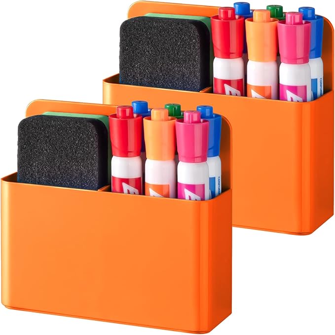 BEYGORM 2 Pack Plastics Magnetic Pen Holder for Refrigerator, Dry Erase Marker Holder for Whiteboard，Magnet School Locker Organizer Accessories, Pencil Cup, Pen Caddy, Classroom Organization(Orange)
