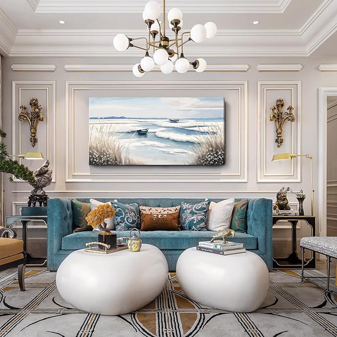 amatop Extra Large Wall Art for Living Room –Big Coastal Beach Minimalist Canvas Artwork with Sailboat Ocean Waves and Reeds Nautical Seascape Picture for Bedroom Decor Blue58x29 Inch