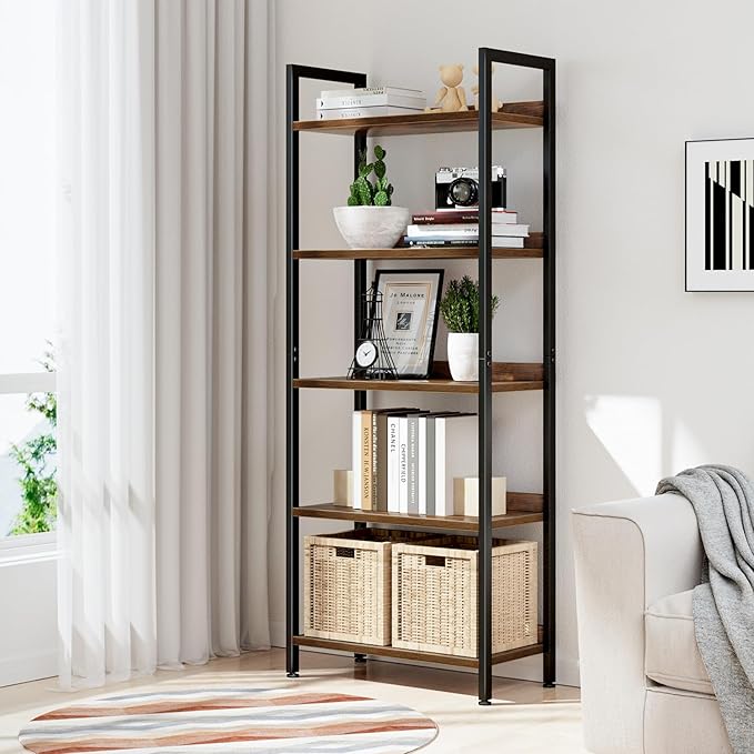 NUMENN Bookshelf, 5 Tier Bookshelves, Home Office Bookcase Shelf Storage Organizer, Free Standing Storage Shelving Unit for Bedroom, Living Room and Home Office, Vintage