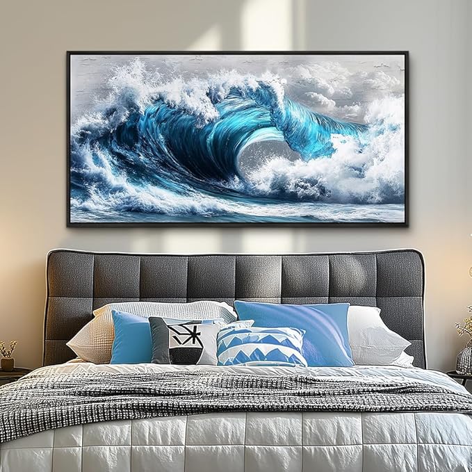 PHAOHUAXM Large Canvas Blue Wave Paintings Wall Art For Living Room Wall Decoration For Bedroom Ocean Wall Pictures Printing Office Decorations Posters Modern Home Decor Black Framed 30x60 In