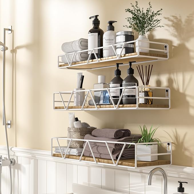 Floating Shelves Set of 3, Home Wood Wall Shelf, Farmhouse Shelf for Bedroom, Wall Mounted Floating Shelf for Living Room, Bedroom, Bathroom, Kitchen, Office (White)