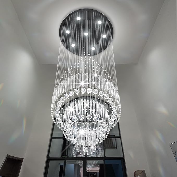 Flashing God D24''XH86'' Modern Foyer Chandelier for High Ceiling Raindrop Crystal Chandelier High Ceiling Pendant Light Fixture for Hallway Living Room (Black Staircase Chandeliers)
