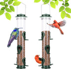 MIXXIDEA 2PK Metal Wild Bird Feeder Bird Feeders for Outdoors Hanging 6 Port Tube Bird Feeder Transparent Finch Feeder with Steel Hanger Green