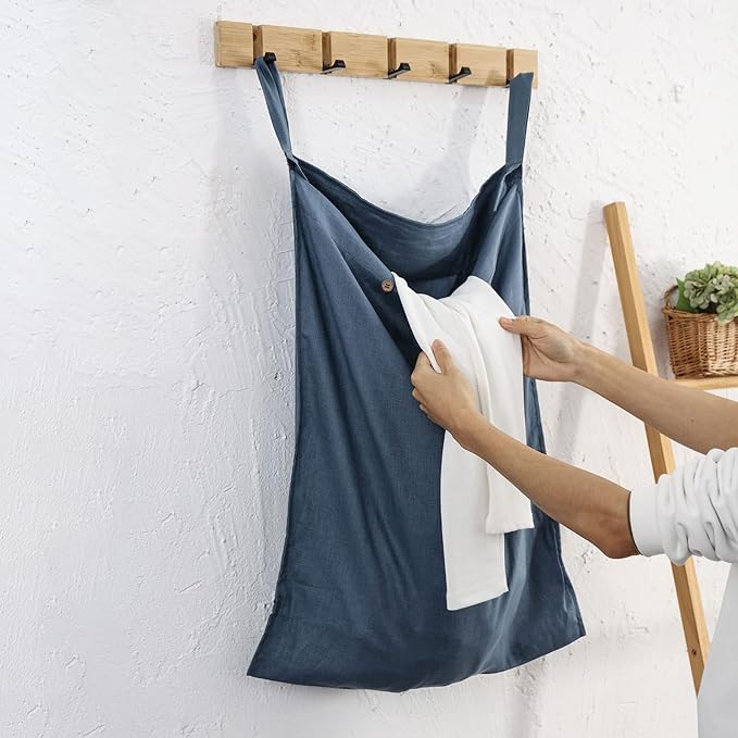 Linen Hanging Laundry Bag, 100% Linen Over The Door Laundry Hamper with Buttons and Zipper, Space Saving Door Hampers for Laundry Dirty Clothes Home Travel, Navy Blue