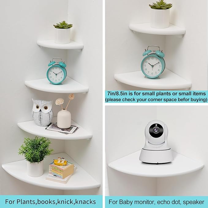 Corner Shelf, White Solid Oak Wood Floating Corner Shelf Wall Mount Round End Floating Speaker Shelf Display Shelf for Small Plant Photo Frame (White, 16in)