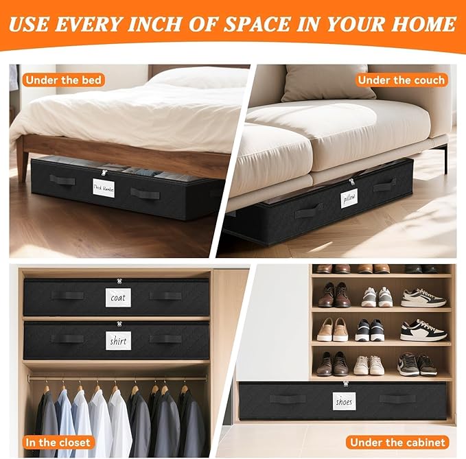 Under Bed Storage Containers 90L 2-Pack Black - 39x20x8 Inch by SpaceWhisper