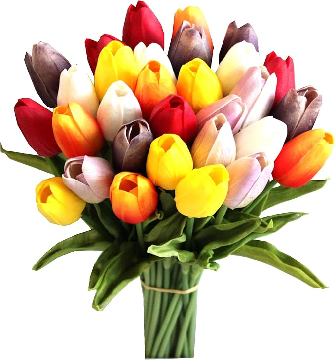 Mandy's Artificial Tulips 28 Stems Multicolor PU Faux Flowers for Wedding Home Decor 13.5 Inch