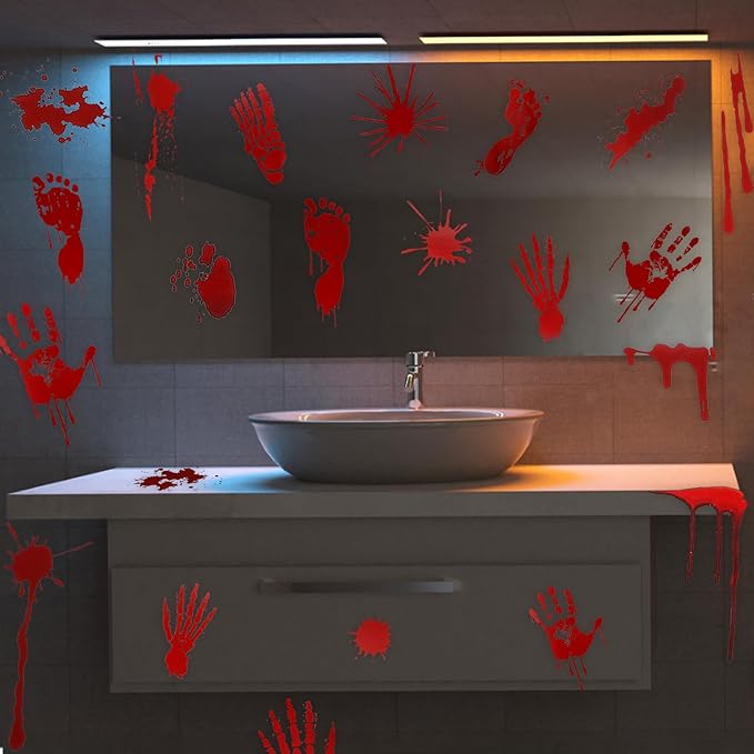 DC-BEAUTIFUL Halloween Bloody Handprint Footprint Horrible Window Stickers, 12 Sheets Decoration Clings for Window Wall Floor Glass Bathroom Outdoor Indoor Halloween Party