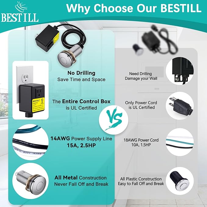 BESTILL Garbage Disposal Air Switch Kit - UL Listed, Brass 3.6" Long Push Button for Waste Disposer, Cordless Sink Top Switch Button, Polished Chrome, Compatible with all Garbage Disposals