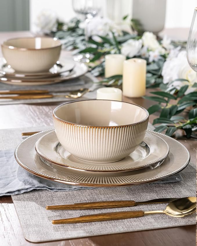 GBHOME Ceramic Dinnerware Sets,12 pcs Embossed Elegant Stoneware Plates and Bowls Sets, Housewarming Wedding Gift | Dishwasher & Microwave Safe | Dishes Set Service for 4
