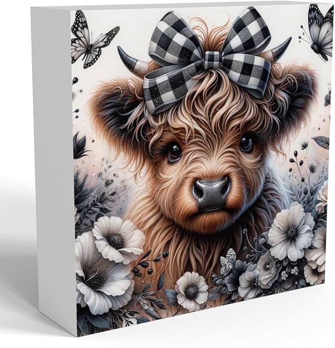 Highland Cow Decor, Highland Cow Gifts for women, Highland Cow Nursery Decor, Wooden Box Decor Sign for Home Farmhouse Office Living Room Table Shelf Tiered
