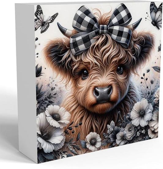 Highland Cow Decor, Highland Cow Gifts for women, Highland Cow Nursery Decor, Wooden Box Decor Sign for Home Farmhouse Office Living Room Table Shelf Tiered