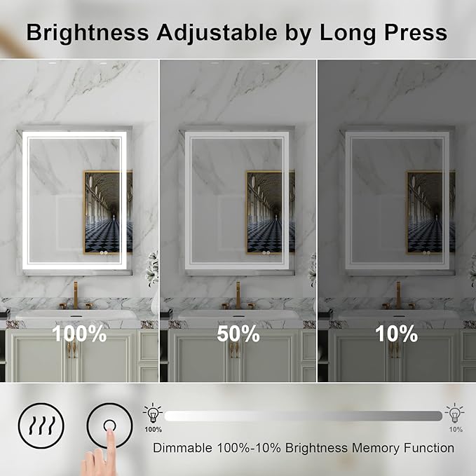 WELLFOR LED Bathroom Vanity Mirror 28 x 36 Inch, Lighted Anti-Fog Dimmable Mirror, IP44 Waterproof Wall Mounted Makeup Mirror, Packed with US Standard Plug and Touch Switch, (Horizontal/Vertical)