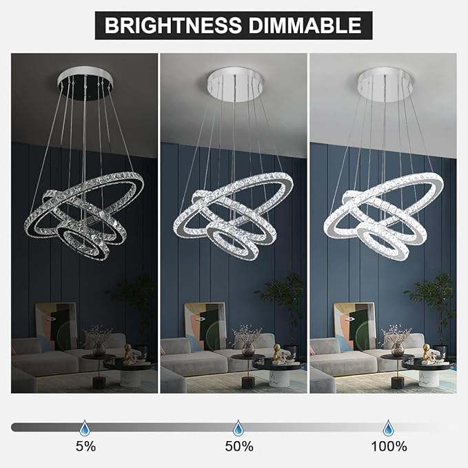 Buccleuch Modern Crystal Chandelier, Dimmable LED Pendant Light Fixture 3-Ring Adjustable Stainless Steel Ceiling Light, Silver Crystal Chandeliers for Dining Room, Bedroom, Living Room - ETL Listed