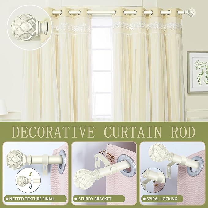 White Farmhouse Curtain Rods for Windows:66-120" Heavy Duty Adjustable Curtain Rod for Bedroom Living Room,Boho Decorative Rustic Drapery Rods with Vintage Coastal Texture Finial,Antique White