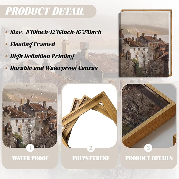 Floating Framed Vintage Canvas Wall Art, European Country Towns Wall Decor Oil Paintings Artwork, Rustic Farmhouse Posters Prints Pictures for Living Room Hallway Bedroom 12x16 inch