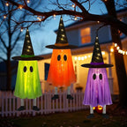 DAZONGE Halloween Decorations Outdoor, 3 Packs Hanging Ghost Halloween Decor with String Lights Battery Operated, Ghost Decor with with Hat for Home Yard Porch