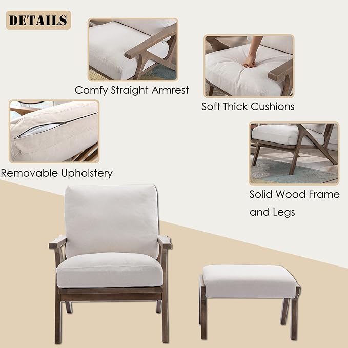 chairus Mid-Century Modern Accent Chair with Ottoman, Linen Fabric Armchair with Wood Legs Comfy Upholstered Single Sofa Chair for Living Room/Bedroom/Lounge, White