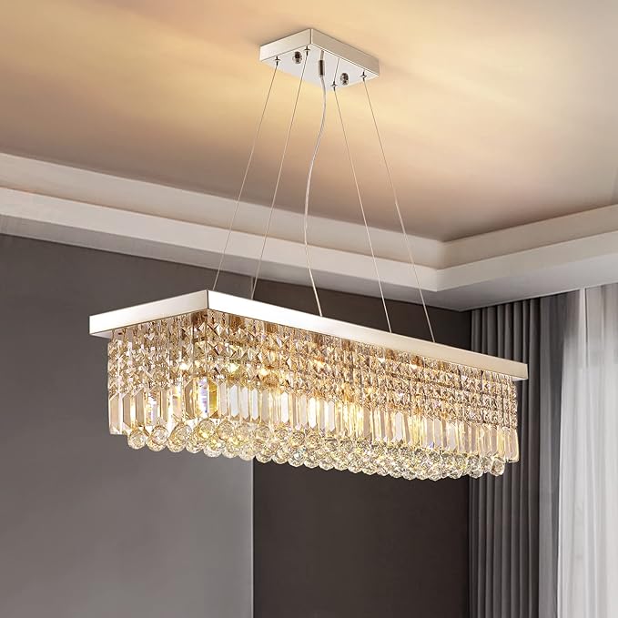Siljoy Modern Rectangular Crystal Chandeliers 8 Lights Rectangle Raindrop Pendant Ceiling Light Fixture for Kitchen Island Dining Room, Adjustable Height, Polished Chrome Finish, L40 x W10 x H10