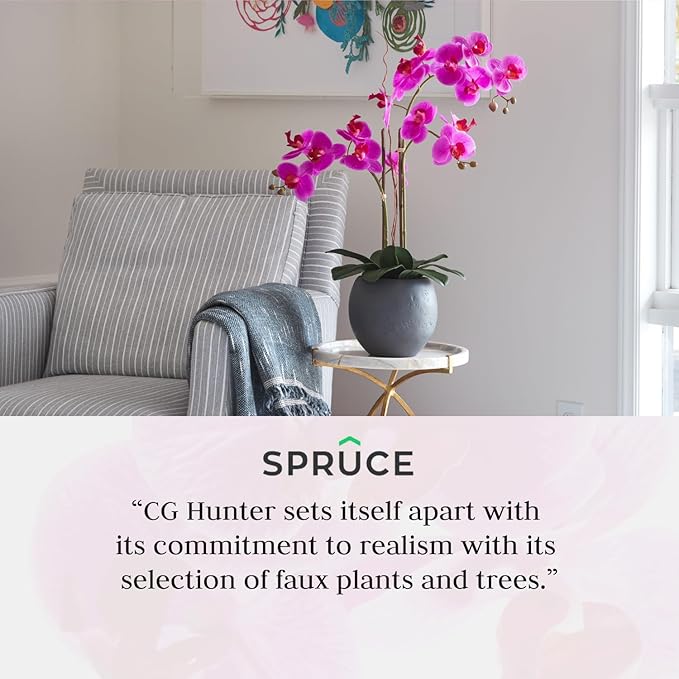 Faux Pink Orchid Plant, Premium Artificial Indoor Flower Display Stands 25-Inches with Beautiful Sculptural Blooms and Foliage That Lasts Forever, Grey Planter Pot Included