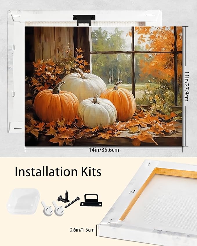 Vintage Pumpkin Window Fall Wall Art Decor, Farmhouse Barn Canvas Print with Autumn Harvest Theme, Framed Thanksgiving Decorations for Country Home, Ready to Hang