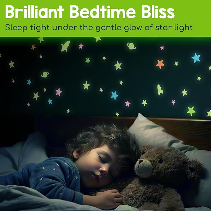BUNMO Glow in The Dark Stars for Ceiling & Walls – 280 Piece Bright Wall Stickers, Long Lasting Non-Toxic Decals with Moons & Planets for Kids Bedroom, Nursery & Room Decor