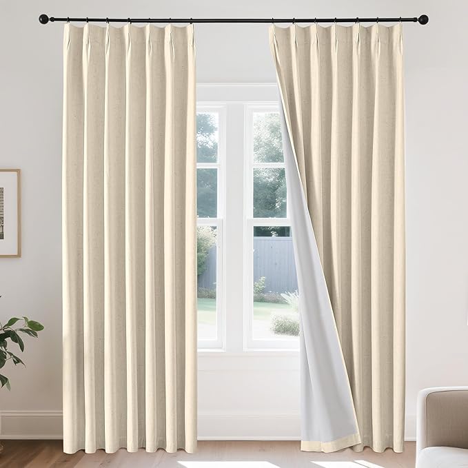 Joydeco Pinch Pleated Linen Curtains Darkening Drapes for Bedroom, 100% Blackout Drapes 96 inches Long 2 Panels Heat Blocking Curtains(Bleached Sand,40'' Wx96'' L)